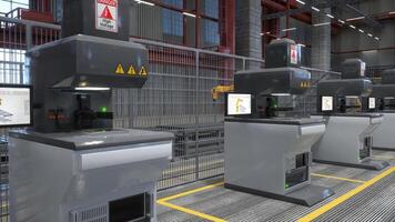 Rows of computerized high voltage machines in warehouse respecting safety measures, 3D rendering. Electric equipment units used for automatization processes in logistics depot photo