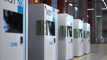 Facility with rows of industrial machines used for processing tasks, with green and orange led lights, buttons and switches, 3D rendering. Machinery in manufacturing warehouse, close up shot photo