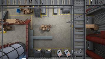 Top down view of industrial factory with wooden crates, barrels and machinery used for manufacturing products. Distribution center used for goods production and storage, 3D render, aerial drone shot photo
