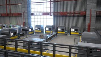 Rows of computerized machines in warehouse with control panels and touchscreens displaying diagrams, 3D rendering. CNC machinery equipment used for automatization processes in industrial plant photo