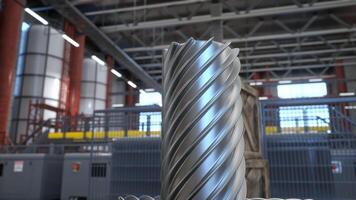 Focus on steel block ready to be processed in industrial factory by heavy machinery units in blurry background. Close up shot of metallic piece ready to be cut in metalworking facility, 3D render photo