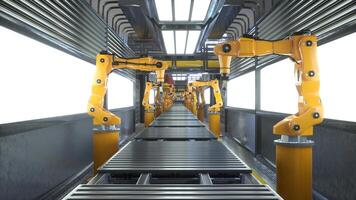 Busy factory with robotic arms used for placing manufactured items on conveyor belts, 3D rendering. Assembly lines and heavy machinery in high tech modern manufacturing warehouse photo