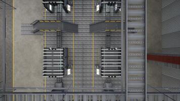 Top down view of automated factory with conveyor belts transporting manufactured products, 3D rendering. Assembly lines and metal beams in high tech logistics depot, aerial drone shot photo