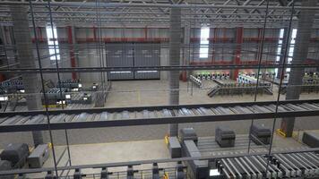 Huge empty storage hall with rows of industrial machines, conveyor belts and robotic arms, 3D rendering. CNC machinery and assembly lines in industrial plant, automated processes photo