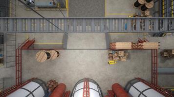 Top down view of industrial warehouse with wooden crates, barrels and jack used for transportation of products. Logistics depot used for goods production and storage, 3D render, aerial drone shot photo