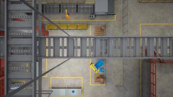 Facility with rows of industrial machines, manufacturing conveyor belts and robotic arms, top down view. CNC machinery and assembly lines in modern warehouse, 3D render drone shot photo