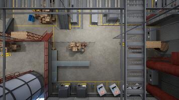 Top down view of rows of computerized machines in warehouse, 3D rendering. CNC machinery hardware used for automatization processes in industrial plant, aerial drone shot photo