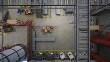 parte superior abajo ver de filas de computerizado máquinas en depósito, 3d representación. cnc maquinaria hardware usado para automatizacion procesos en industrial planta, aéreo zumbido Disparo foto