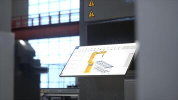 atención en controlar panel usado a controlar máquina en fabricación depósito. cerca arriba en consola pantalla táctil monitor usado a realizar Tareas en cnc maquinaria en logística deposito, 3d hacer foto