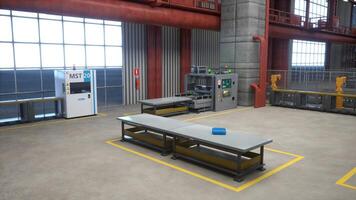 Tool box on workbenches, assembly lines and robotic arms in empty distribution center, 3D rendering. Professional factory workplace with equipment units and conveyor belts photo