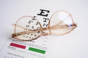 Glasses on eye testing exam chart to check eyesight accuracy of reading. photo