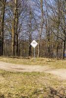 Shot of the street in the russian village. Signboard says pond. Outdoors photo