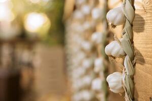 Selective focus of homegrown organic white cloves of garlic hanging over greenmarket stand. Detailed view of natural freshly harvested produce displayed on wooden farm fair booth. photo