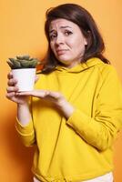 Female plant lover displaying green plant in a white pot on camera, holding natural decoration in hands. Caucasian woman having a tropical vegetation and greenery in palms. photo