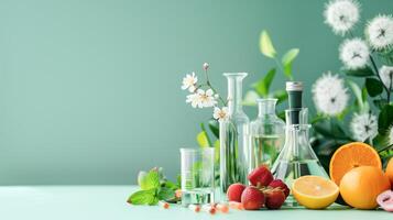Cosmetic cream and oil bottle with fruit and flower nature organic beauty care. photo