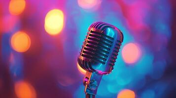 Microphone record sound in professional music voice studio on abstract background. photo