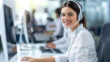 llamada centrar oficina con sonriente hermosa simpático mujer trabajando apoyo cliente cuidado. foto