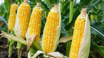 Corn cob on the stalk in organic field for harvest. photo