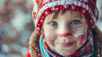 pequeño linda niña con Navidad cara pintura con nieve en invierno. foto