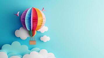 Air balloon with cloud and bird on blue background in paper cut greeting card with copy space. photo
