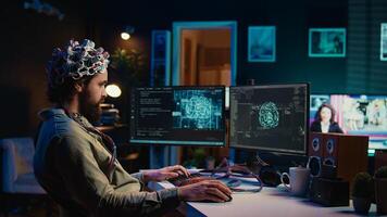 Computer engineer trying to make EEG headset work, researching brain machine transferring. Man doing SF online consciousness uploading, trying to transcend out of simulation, camera B photo