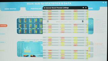 Office with laptop showing stock exchange listings and display in background with client appointments list. Notebook with trading platform indexes and customers commissions table in the back photo