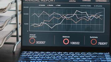Business forecasting graphs and numbers on laptop monitor showing upward profit trend concept. Economic annual revenue statistics report on notebook screen in marketing department office, close up photo