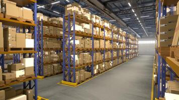 Huge storage facility having wholesale packages in boxes, retail merchandise on industrial racks with order stamps and labels. Warehouse with logistical import export system. photo