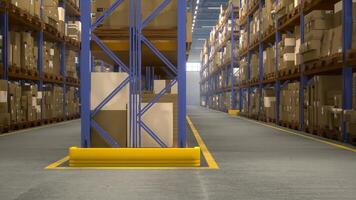 Storage room with racks filled of containers and merchandise, distribution center storing products ready for shipment and delivery. Warehouse handling import export operations. photo