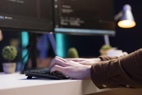 Teleworking system administrator futureproofing company network from downtimes and unexpected failures. Remote IT employee typing on keyboard, increasing data security, close up