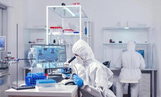 mujer médico científico sentado a lugar de trabajo en laboratorio mirando mediante microscopio. químico investigador durante global pandemia con covid-19 comprobación muestra en bioquímica laboratorio foto