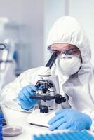 médico ingeniero ajustando microscopio mientras haciendo coronavirus investigación científico en protector traje sentado a lugar de trabajo utilizando moderno médico tecnología durante global epidemia. foto