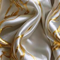 A background with silk white fabric luxurious gold textures. photo