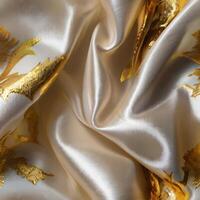 A background with silk white fabric luxurious gold textures. photo