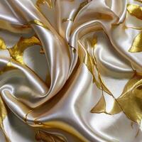 A background with silk white fabric luxurious gold textures. photo