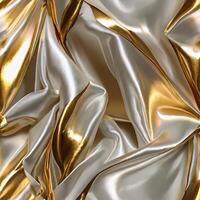 A background with silk white fabric luxurious gold textures. photo