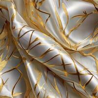 A background with silk white fabric luxurious gold textures. photo