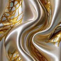 A background with silk white fabric luxurious gold textures. photo