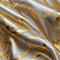 A background with silk white fabric luxurious gold textures. photo