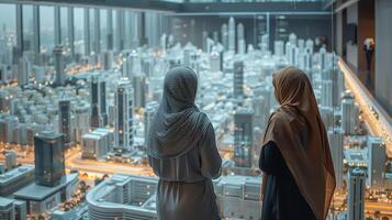 Asian Malay Muslim women wearing headscarf baju kurung dress in front of a cityscape buildings outdoor photo
