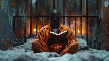 culpable africano americano hombre en naranja uniforme se sienta en prisión cama leer un libro y piensa acerca de libertad. melancólico delincuente en correccional instalaciones o detención centro. prisionero en cárcel célula foto