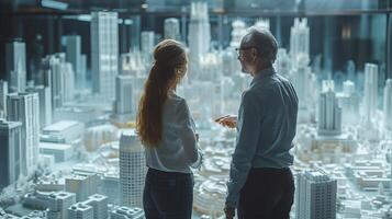 Businessman and businesswoman together while standing in front of office building windows overlooking the city photo