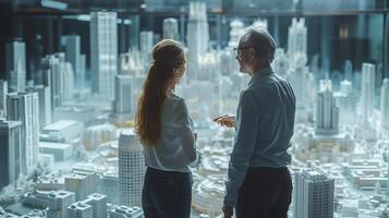 empresario y mujer de negocios juntos mientras en pie en frente de oficina edificio ventanas con vista a el ciudad foto