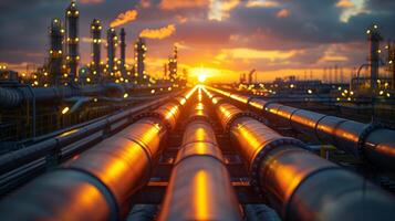 Pipes, tubes, machinery and steam turbine at a power plant. Equipment of oil refining, Oil and gas refinery area. photo