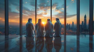 exitoso musulmán empresarios en tradicional blanco atuendo en pie en su moderno oficina mirando fuera de el ventana en grande ciudad con rascacielos exitoso saudita, emirati foto