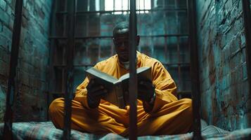 Guilty African American man in orange uniform sits on prison bed read a book and thinks about freedom. Gloomy criminal in correctional facility or detention center. Prisoner in jail cell photo