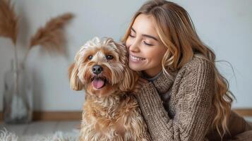 Happy caucasian woman enjoying her dog pet at home, Friendship pet and human lifestyle concept. Young woman and bichon frise enjoying bonding interaction together during daytime. photo