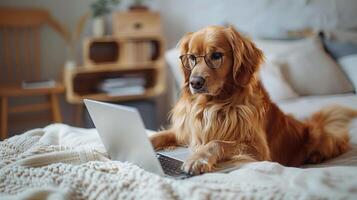 Cute golden retriever pet looking into computer laptop working in glasses. Dog blogger. Home office. photo