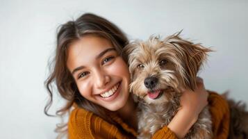 contento caucásico mujer disfrutando su perro mascota a hogar, amistad mascota y humano estilo de vida concepto. joven mujer y bichón frise disfrutando unión Interacción juntos durante tiempo de día. foto