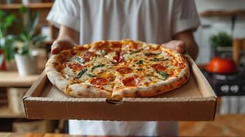 Pizza in a cardboard box. View from above. Pizza delivery. Pizza menu. Pizza deliveryman brought an order to the house. photo